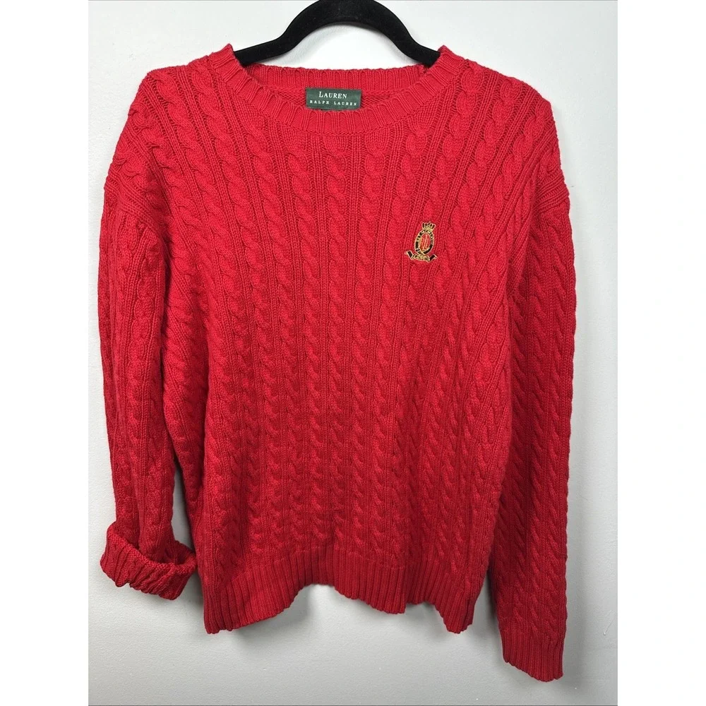 Lauren Ralph Lauren Large Womens Sweater Red Cotton Long Sleeve Chunky Academia